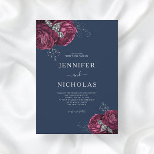 Invitation Mariage Élégant Floral Bleu Nuit Bourgogne Pivoine