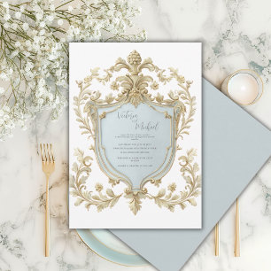 Invitation Mariage élégant floral bleu or vintage