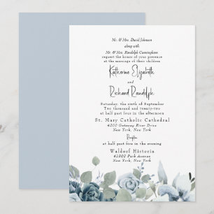 Invitation Mariage Élégant Floral Bleu Poussiéreux Formel