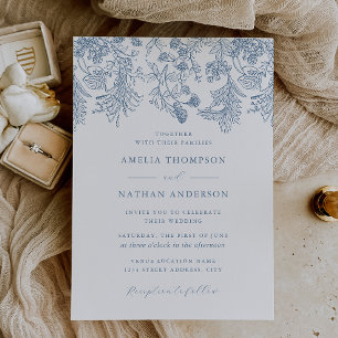 Invitation Mariage Élégant Floral Bleu Poussiéreux Vintage