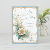 Invitation Mariage élégant Floral Bleu Vert Fleurs blanches (Debout devant)