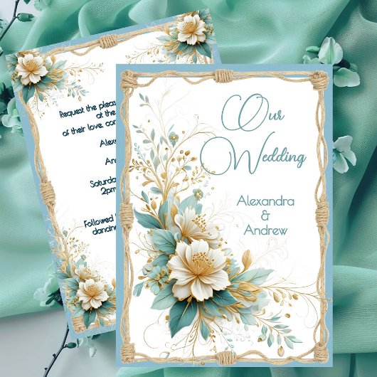 Invitation Mariage élégant Floral Bleu Vert Fleurs blanches