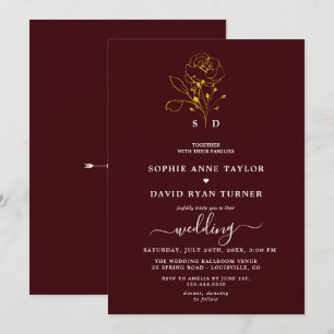 Invitation Mariage Élégant Floral Bourgogne Profond Or Monogr