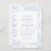 Invitation Mariage élégant floral code QR bleu et blanc (Devant)