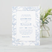Invitation Mariage élégant floral code QR bleu et blanc (Debout devant)