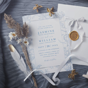 Invitation Mariage élégant floral code QR bleu et blanc