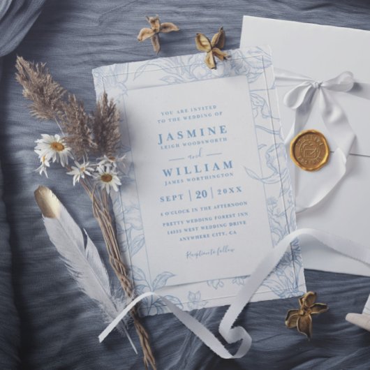 Invitation Mariage élégant floral code QR bleu et blanc