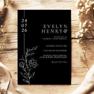 Invitation Mariage Élégant Floral Ligne Noire Élégante