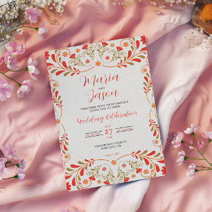 Invitation Mariage élégant floral mexicain rouge orange or