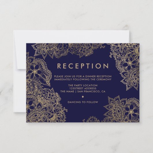 Invitation Mariage élégant floral or bleu marine réception (Devant)