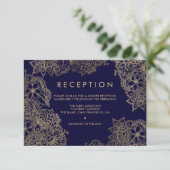 Invitation Mariage élégant floral or bleu marine réception (Debout devant)