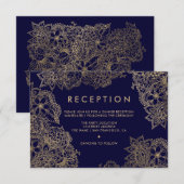 Invitation Mariage élégant floral or bleu marine réception (Devant / Derrière)