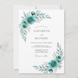 Invitation Mariage Élégant Floral Romance Sarcelle