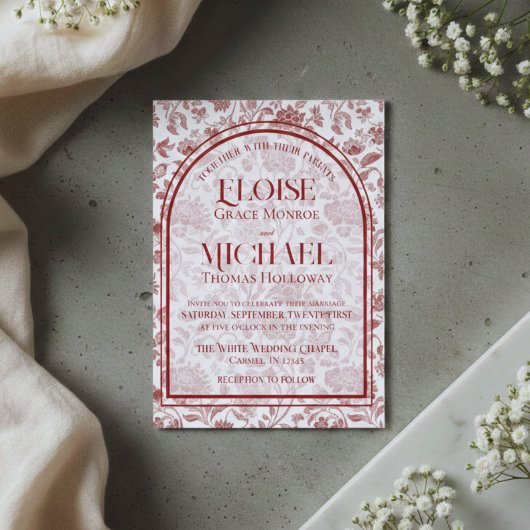 Invitation Mariage élégant floral toile monogramme rouge écri