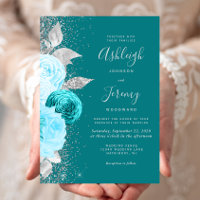 Mariage Élégant Floral Turquoise Argent Paillettes