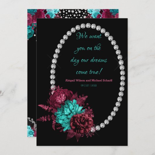 Invitation Mariage élégant floral turquoise et mauve (Devant / Derrière)