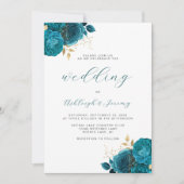 Invitation Mariage élégant floral turquoise or script (Devant)