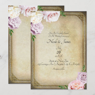 Invitation Mariage Élégant Floral Végétal Livre Ancien