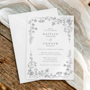 Invitation Mariage Élégant Floral Vintage Argent Gris Françai