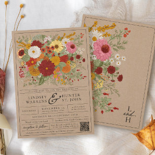 Invitation Mariage Élégant Floral Vintage Automnal Kraft