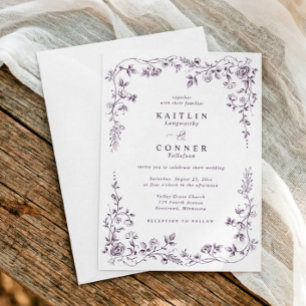 Invitation Mariage Élégant Floral Vintage Violet Foncé França