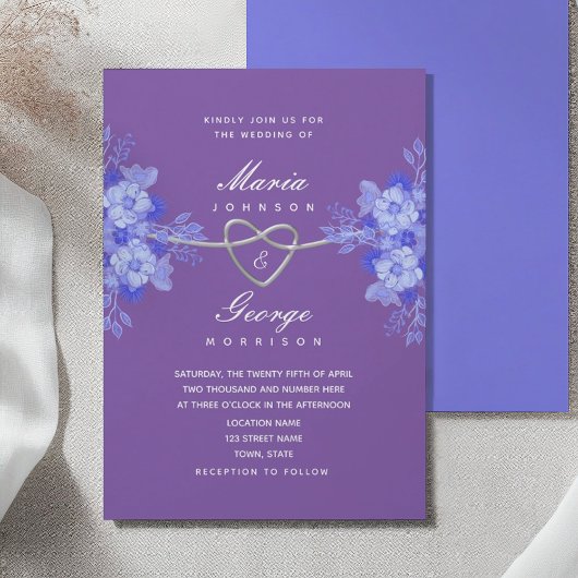 Invitation Mariage Élégant Floral Violet Bleu