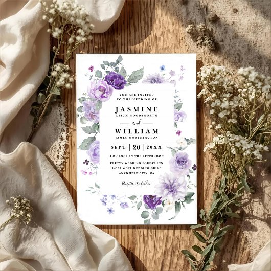 Invitation Mariage élégant floral violet rustique avec QR Cod