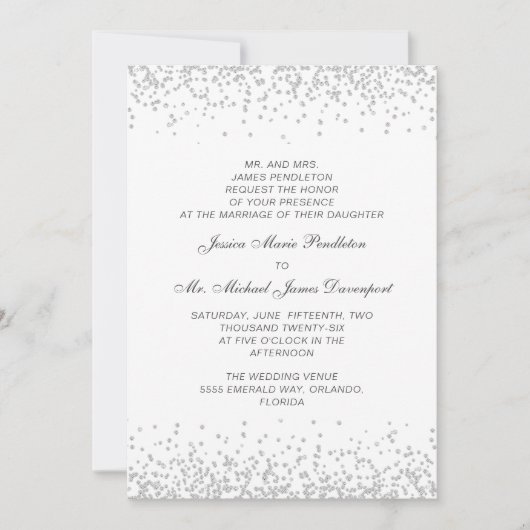 Invitation Mariage élégant Formel Blanc Paillettes Argentées (Devant)