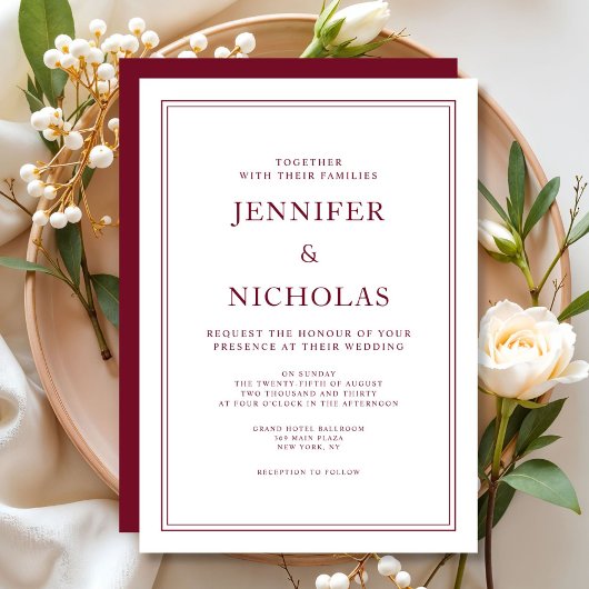 Invitation Mariage Élégant Formel Bordeaux