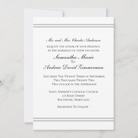 Invitation Mariage Élégant Formel Classique Argent Blanc (Devant)
