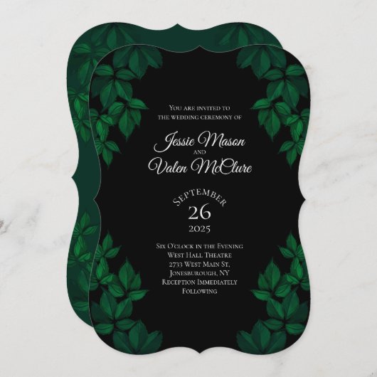 Invitation Mariage élégant gothique Feuille vert et noir (Devant / Derrière)