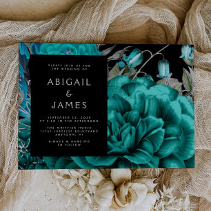 Invitation Mariage Élégant Humeur Foncé Floral Sarcelle Argen