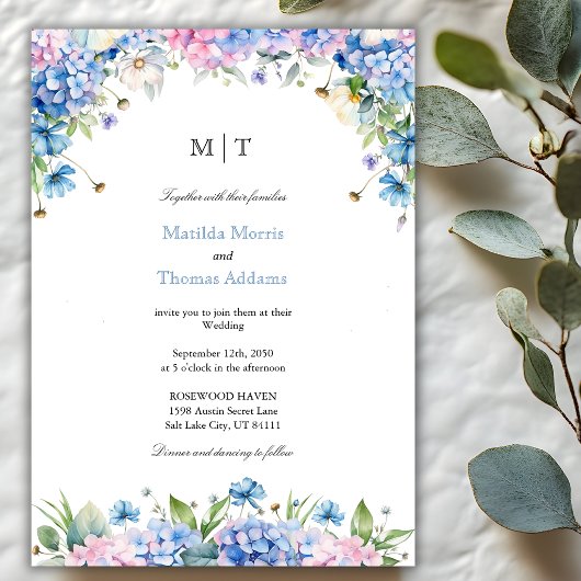 Invitation Mariage Élégant Hydrangea Bleu Bordure Monogramme