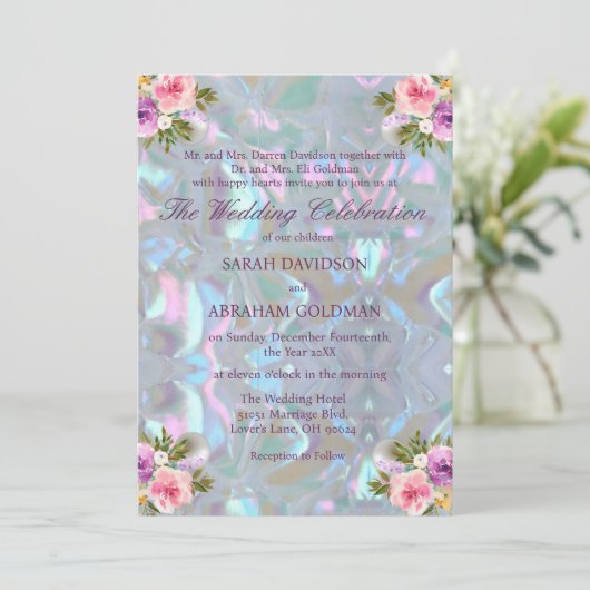 Invitation Mariage Élégant Iridescent de Nacre (Debout devant)