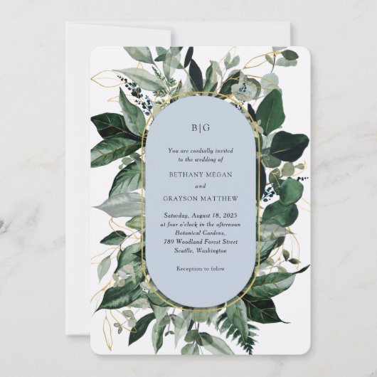 Invitation Mariage Élégant Jardin Botanique Bleu Poussiéreux  (Devant)