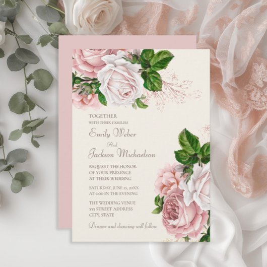 Invitation Mariage Élégant Jardin Fleurs Roses Crème