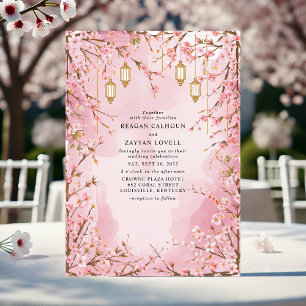 Invitation Mariage Élégant Lanterne Fleur de Cerisier Rose