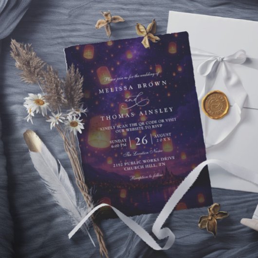 Invitation Mariage Élégant Lanternes Emmêlées Code QR Moderne