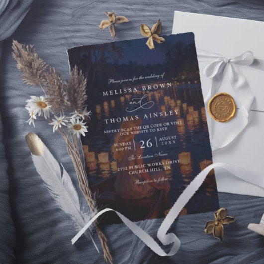 Invitation Mariage Élégant Lanternes Emmêlées Code QR Moderne