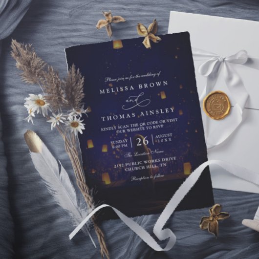 Invitation Mariage Élégant Lanternes Emmêlées Code QR Moderne
