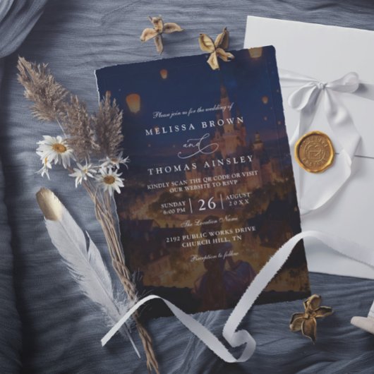 Invitation Mariage Élégant Lanternes Emmêlées Code QR Moderne