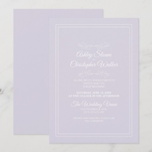 Invitation Mariage élégant lavande violet blanc (Devant / Derrière)