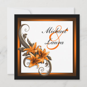 Invitation Mariage Élégant Lys Asiatique Noir et Orange