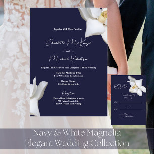 Invitation Mariage Élégant Magnolia Bleu Marine et Blanc