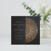 Invitation Mariage élégant mandala noir et or (Debout devant)
