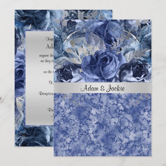 INVITATION MARIAGE ÉLÉGANT MARBRE FLORAL BLEU (Devant / Derrière)