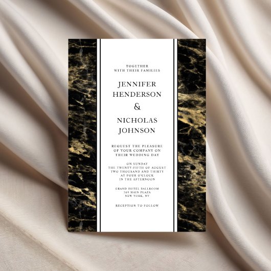 Invitation Mariage Élégant Marbre Noir Or