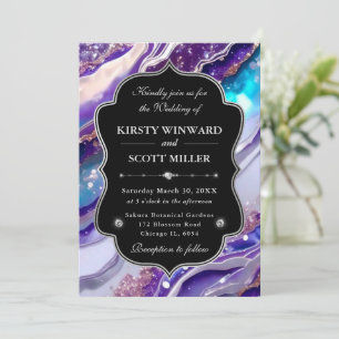 Invitation Mariage Élégant Marbre Pailleté Bleu Violet