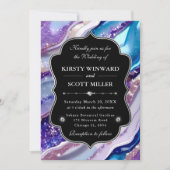 Invitation Mariage Élégant Marbre Paillettes Bleu Violet (Devant)