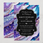 Invitation Mariage Élégant Marbre Paillettes Bleu Violet (Devant / Derrière)